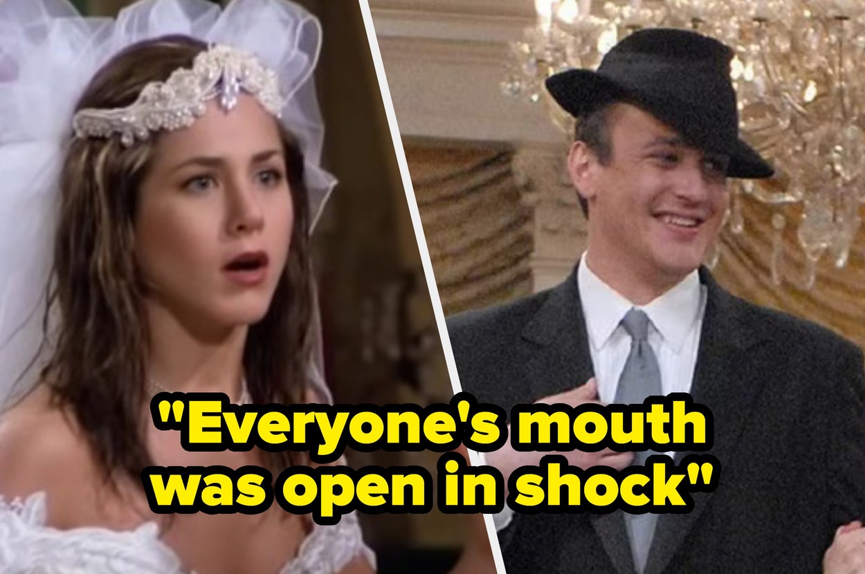 Two TV characters: one in a wedding dress and headpiece; another in a suit and hat. Caption reads, "Everyone's mouth was open in shock."