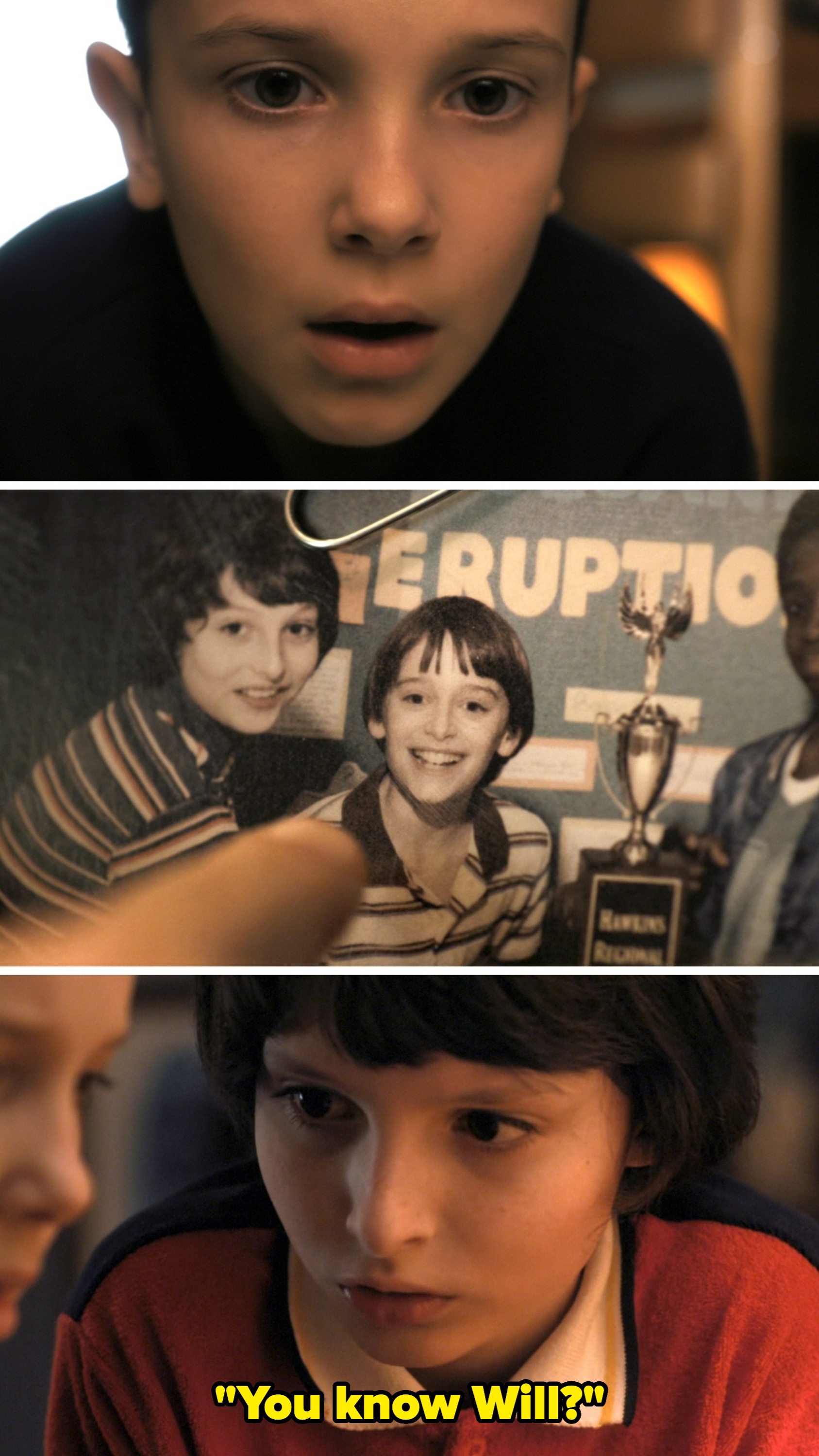  one looking surprised, an old group photo with a trophy, and two kids talking seriously