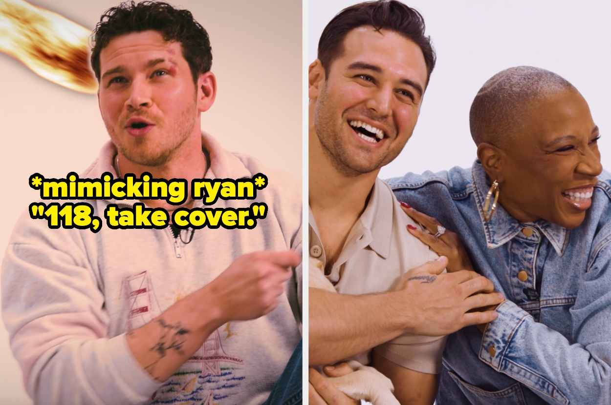 The split image shows two panels: Oliver Stark with a man in casual attire mimicking "118, take cover," and Ryan Guzman and Aisha Hinds laughing