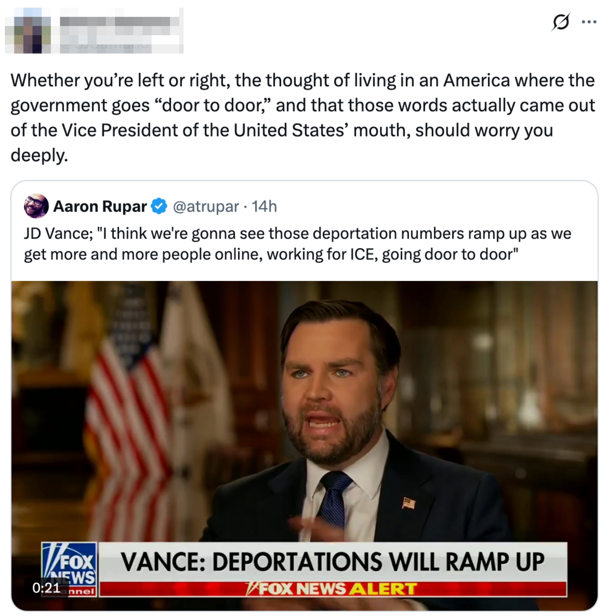 Bilde av et Fox News-segment som viser JD Vance diskutere deportasjoner, med tweets som uttrykker bekymring over 