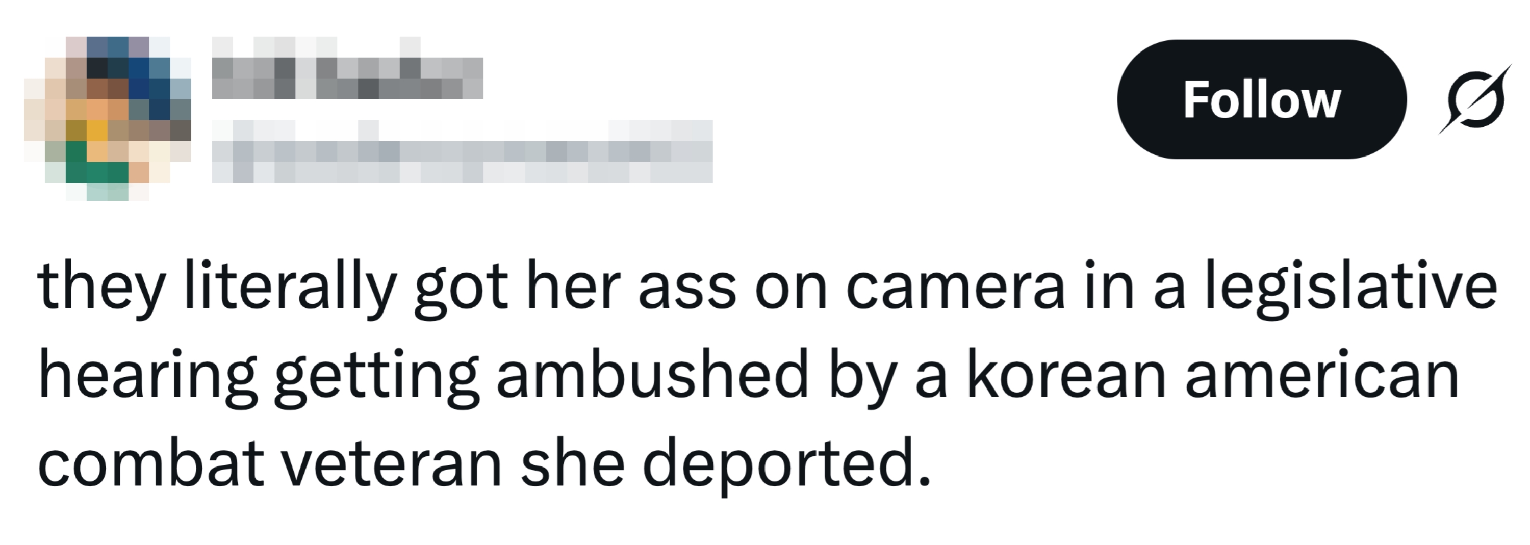 Tweet som diskuterer en lovhøring der en deportert koreansk-amerikansk kampveteran konfronterer noen på kamera