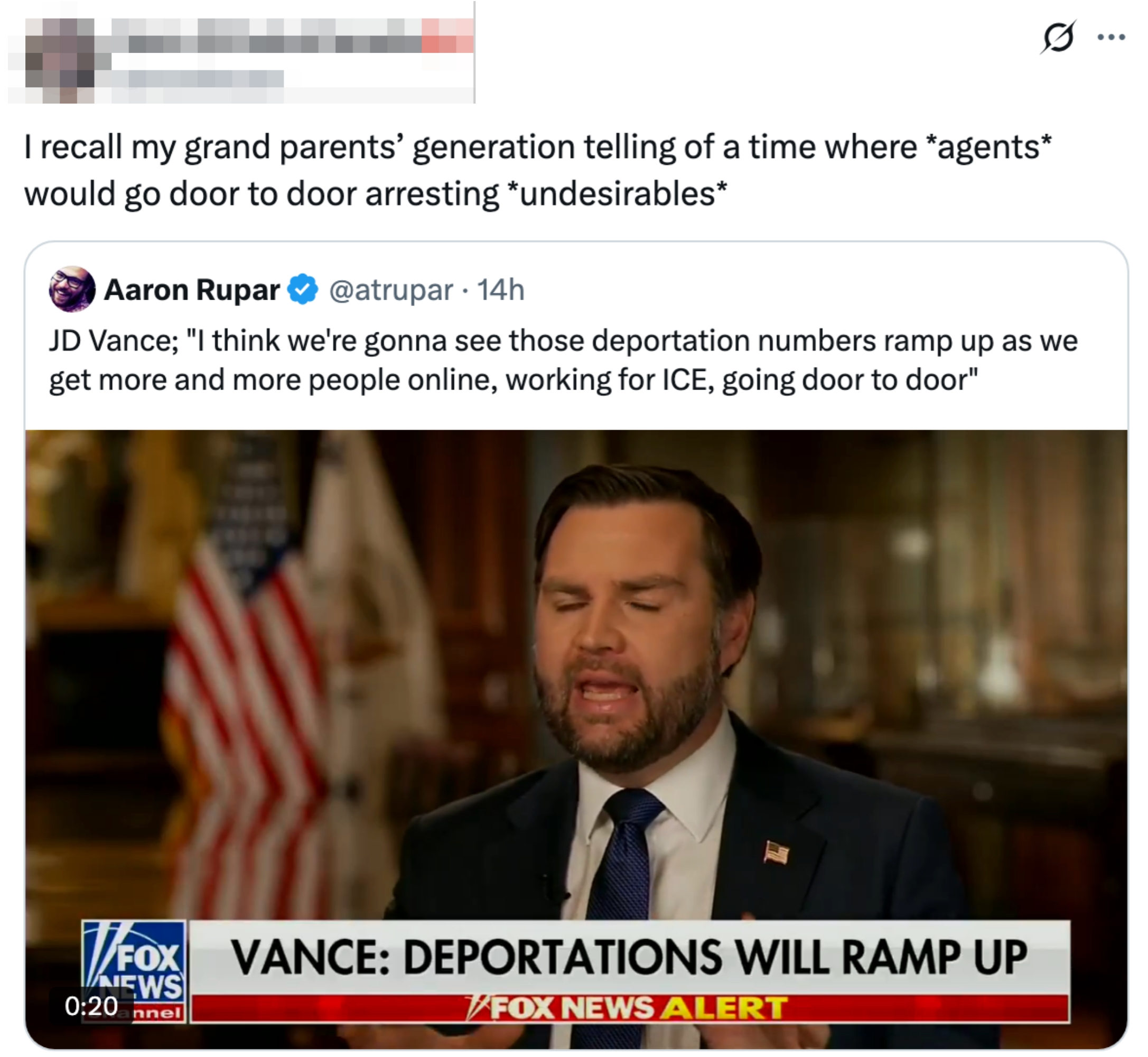 Skjermbilde av en tweet av Nora #ViveLeCanada som minner om tidligere deporteringspraksis, og viser et nyhetsklipp av JD Vance som diskuterer økte deportasjoner