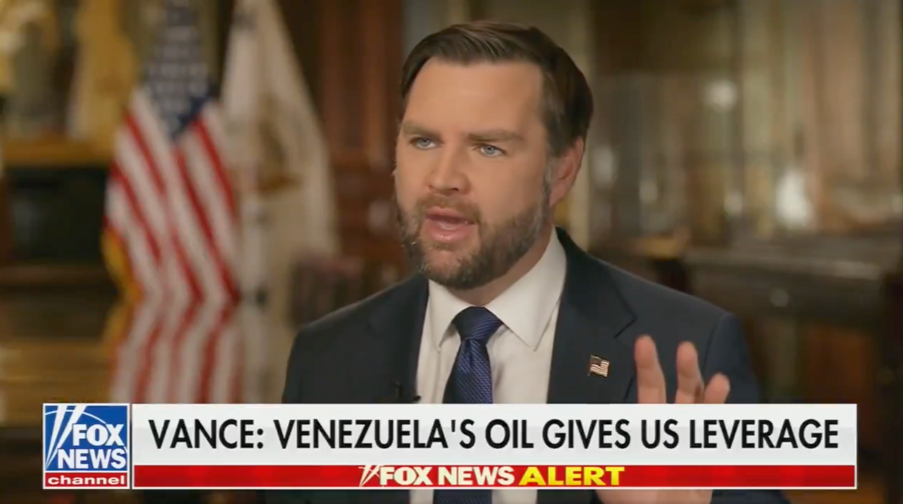  Venezuela's oil gives us leverage." American flag in the background