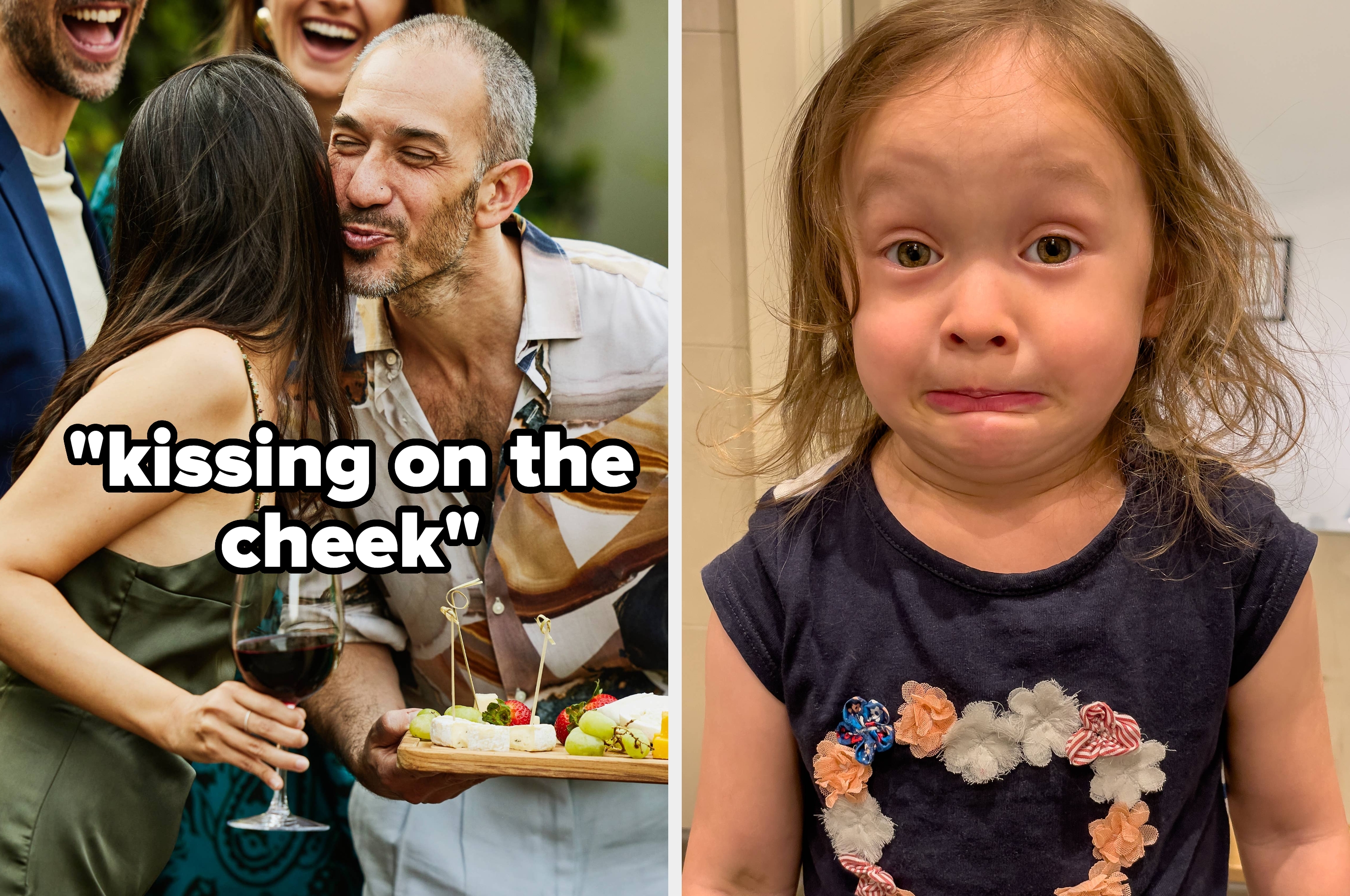 Left: Group smiling, woman kissing a man’s cheek, holding wine and food. Right: Child with wide eyes and pursed lips, looking amused or surprised