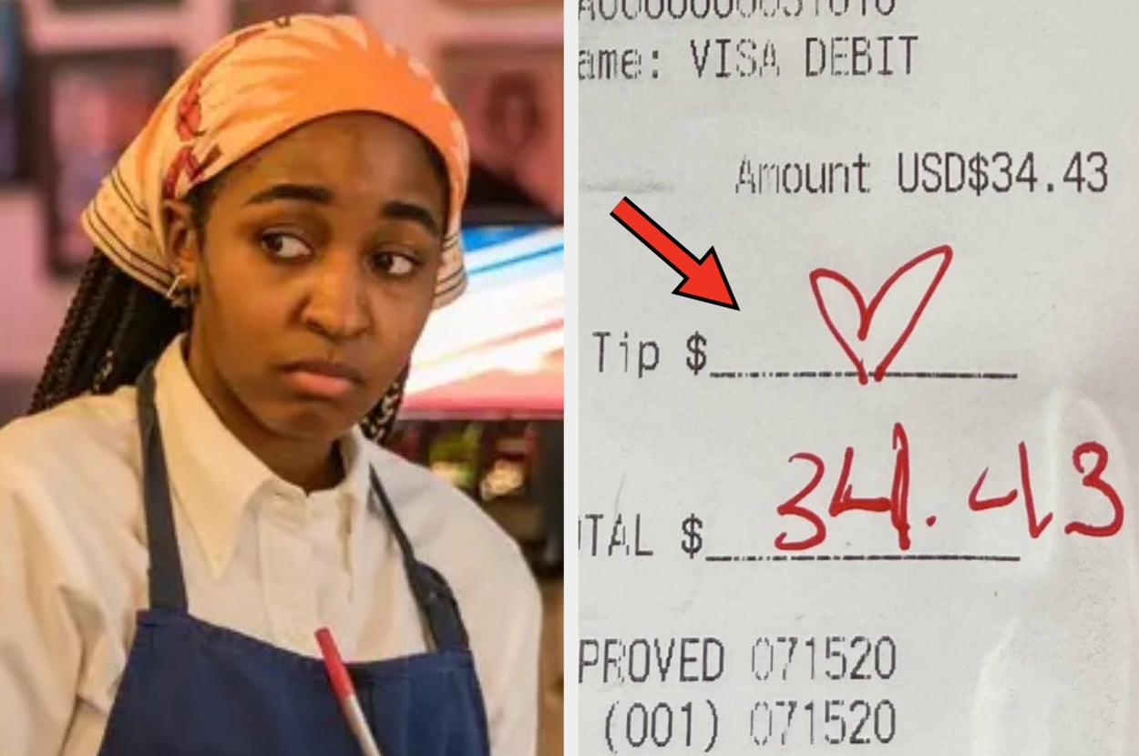Waitress in an apron looks at a receipt with a heart drawn as a tip for a total of $341.43