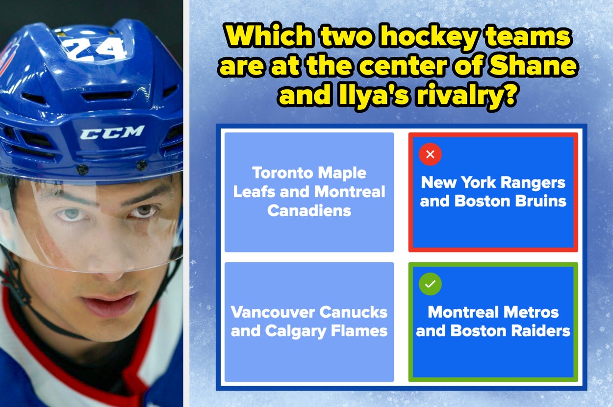 Hockey player next to a quiz with the question: "Which two NHL teams are at the center of Shane and Ilya's rivalry?" Correct answer: "Montreal Canadiens and Boston Bruins."