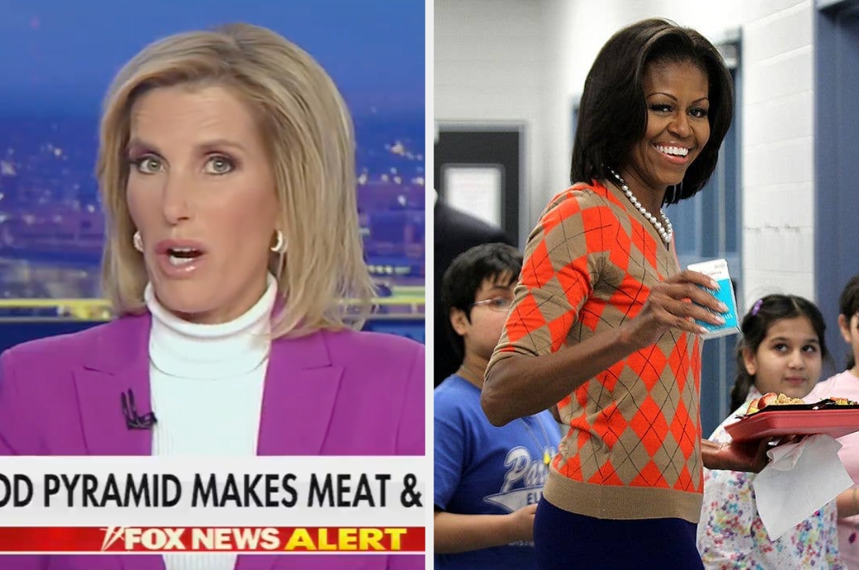 Left: News anchor speaking, with text "FOOD PYRAMID MAKES MEAT &". Right: Woman in argyle sweater holding a tray, smiling, school setting in background