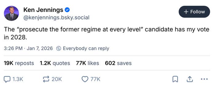 Screenshot of a tweet by Ken Jennings supporting a candidate who promises to prosecute the former regime in the 2028 election