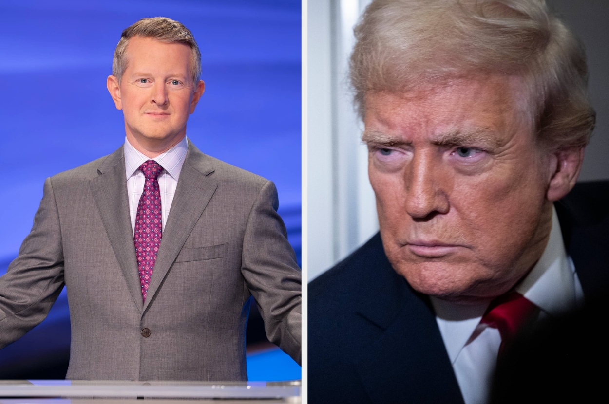 Ken Jennings wearing a suit vs Donald Trump with a serious expression