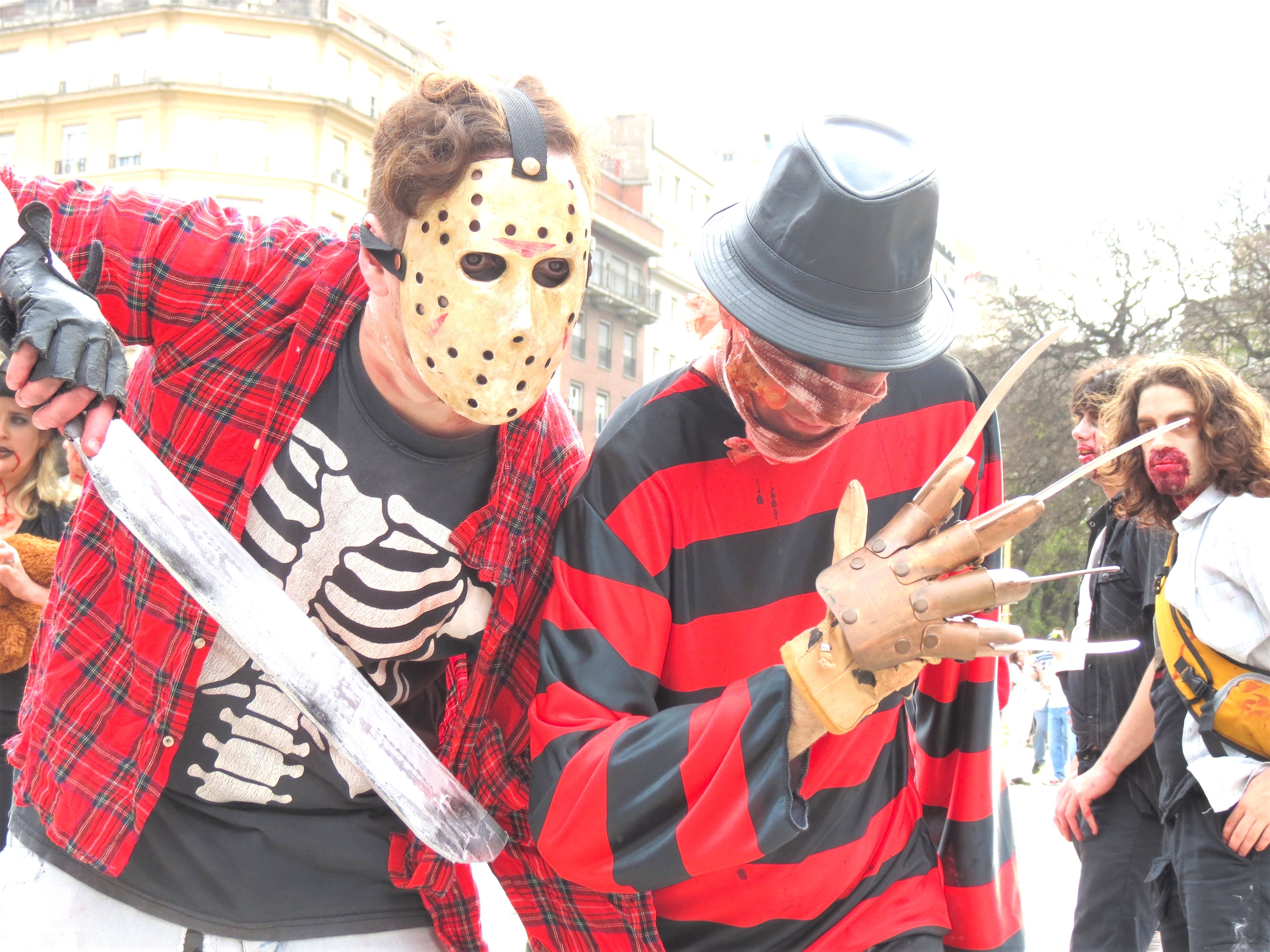  1  successful  a skeleton garment  and hockey disguise  with a machete, the different   successful  a striped sweater and fedora with claw gloves