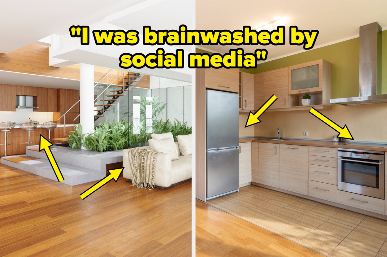 Split image: Left shows a modern living room; right shows a kitchen. Overlaid text reads, "I was brainwashed from social media."
