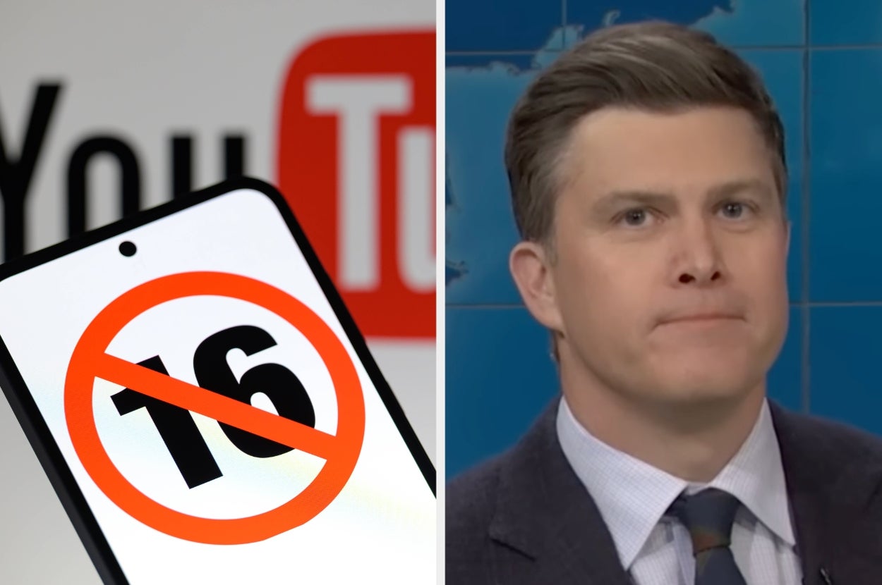 Split image: Left shows a "16" crossed out over a YouTube logo on a phone screen, right shows a person in a suit with a neutral expression