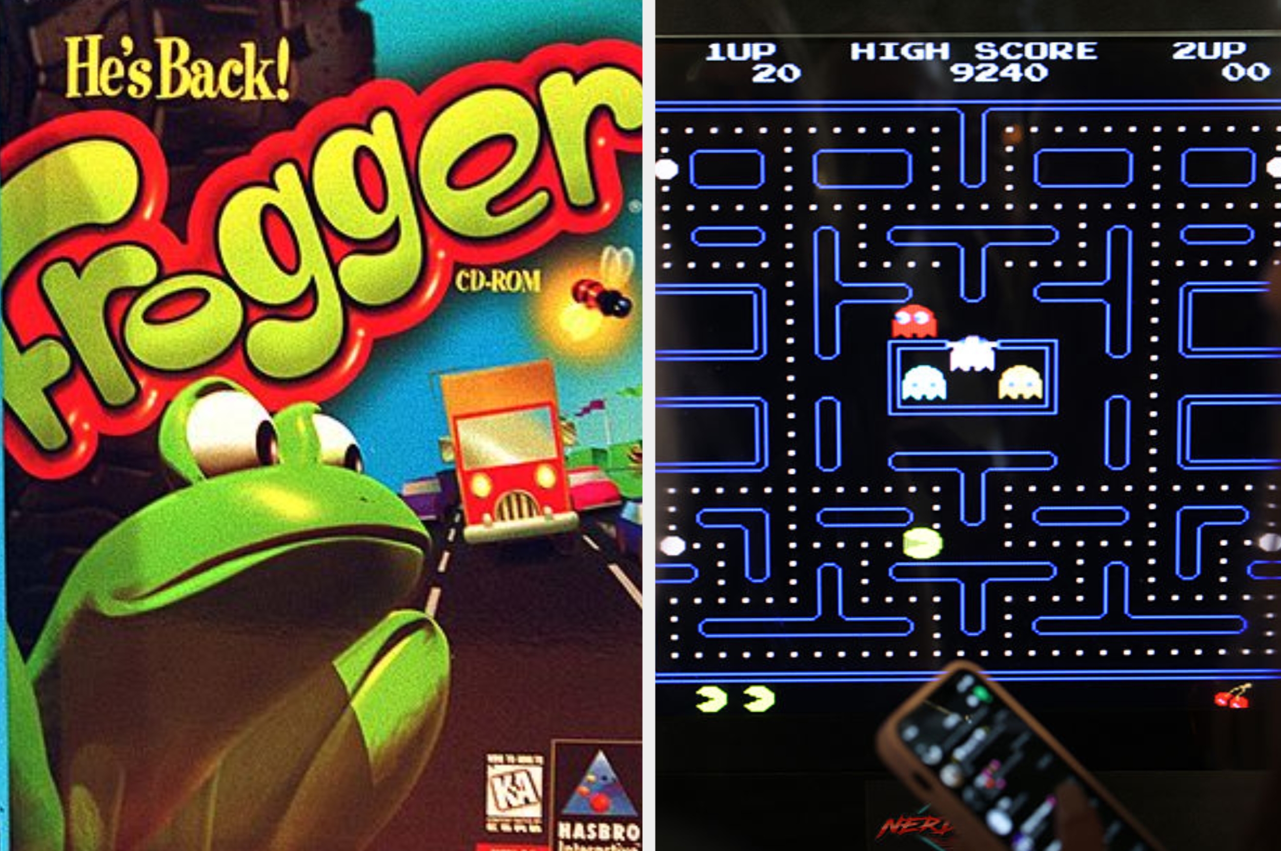 Left: "Frogger" video game cover with a frog on a road. Right: Screenshot of a "Pac-Man" arcade game with ghosts and dots