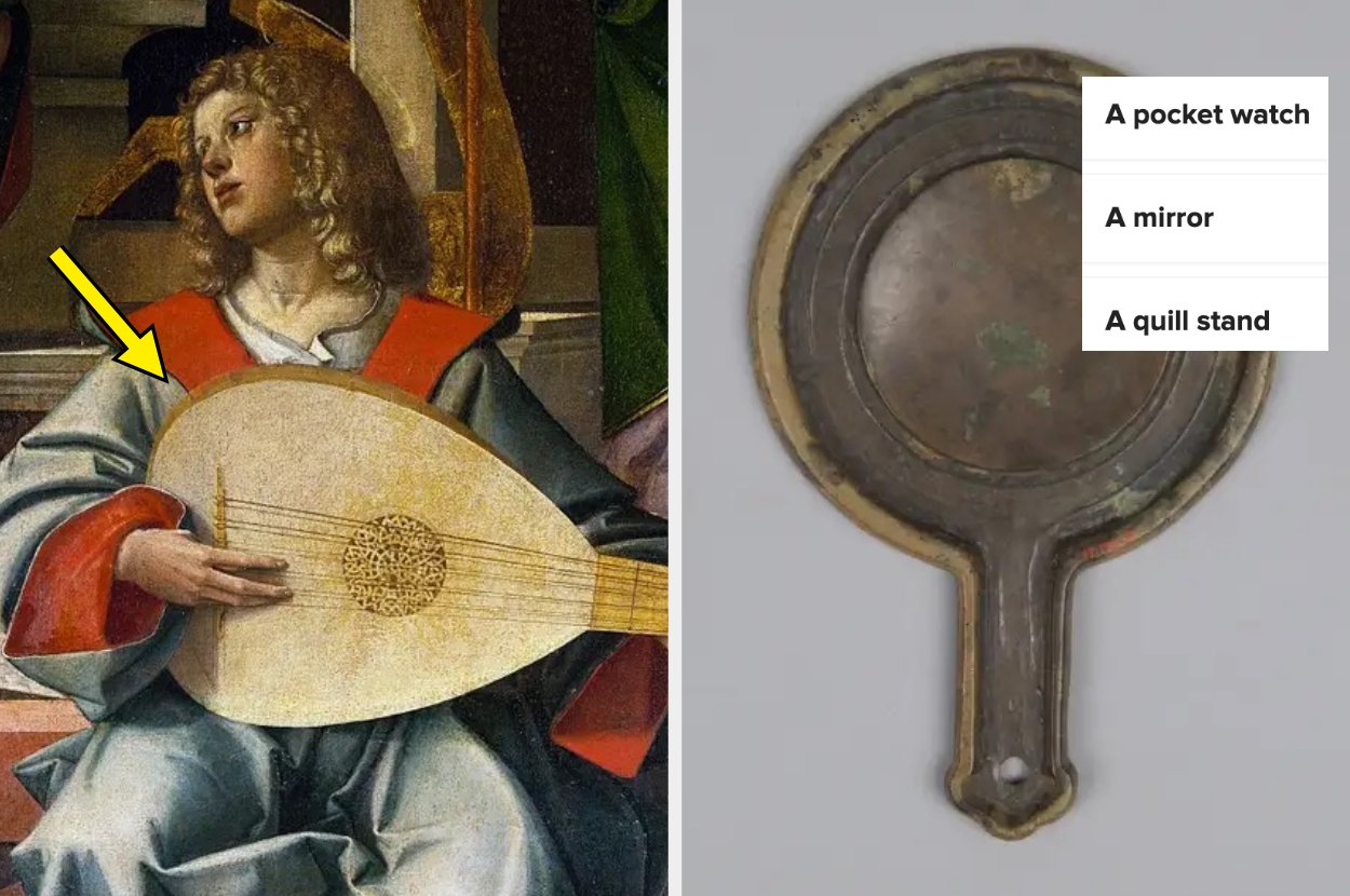 Painting of person playing a lute, arrow pointing to a round object. Right: a labeled image showing a quill stand identified as a mirror