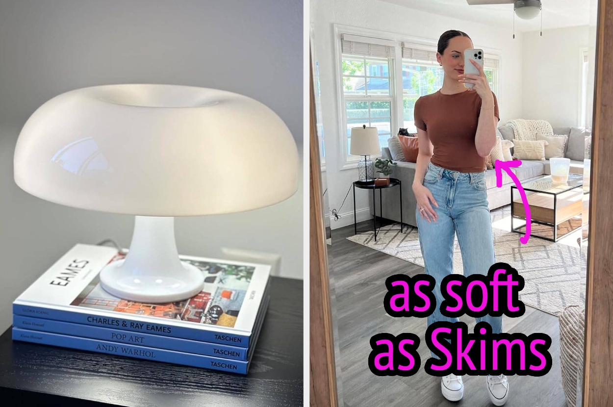 A modern table lamp beside a stack of design books; a woman poses in casual attire, described as "as soft as Skims," in a cozy living room