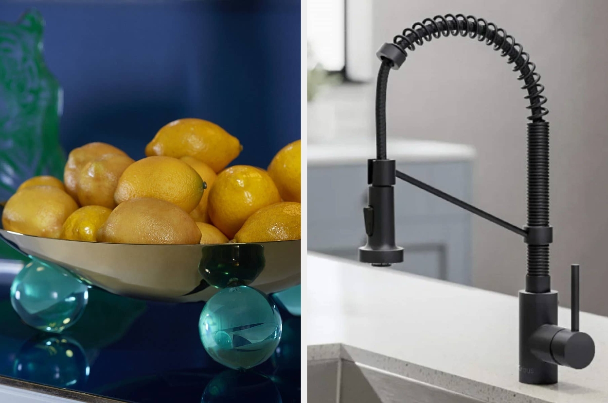 A bowl of lemons next to a modern kitchen faucet with a spring coil design showcases stylish kitchen essentials