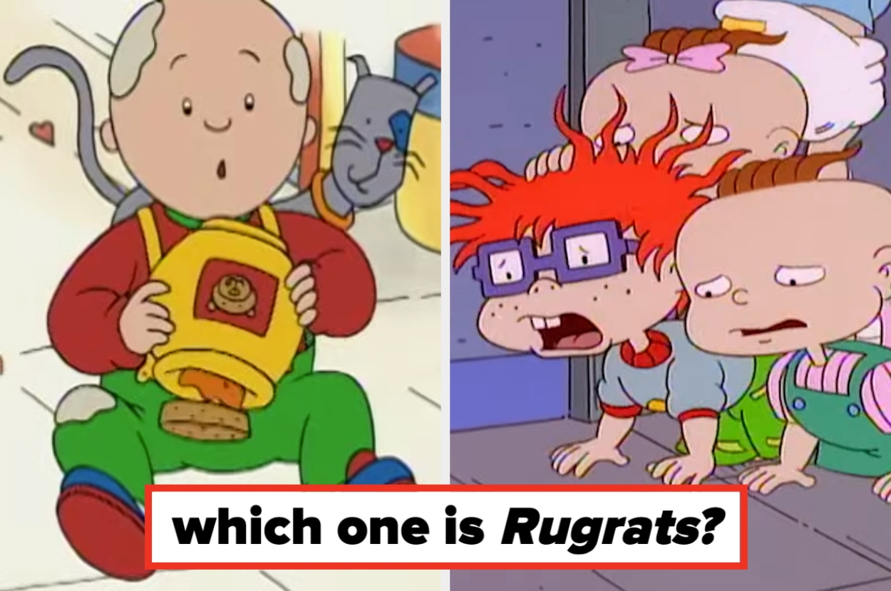 Split-screen cartoon image: left shows a bald child with a bear decal spilling cookies; right features two toddlers and a kid with wild red hair. Text asks, "which one is Rugrats?"