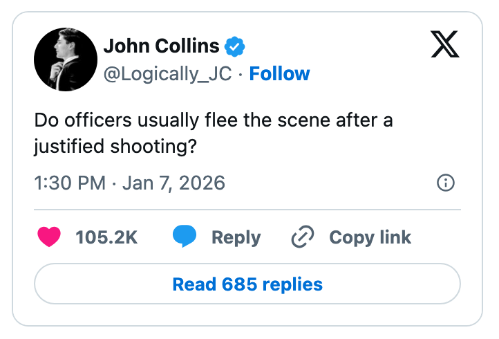 Tweet from John Collins questioning if officers usually   fly  aft  a justified shooting