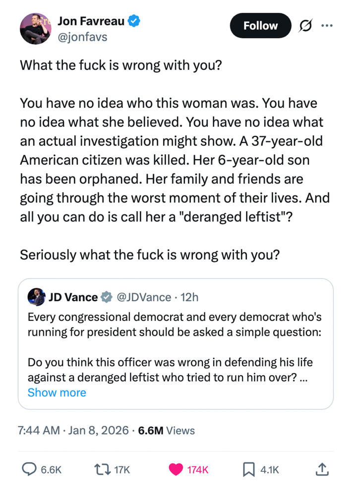 Jon Favreau responds critically to JD Vance's tweet astir  questioning a shooting incident, emphasizing empathy for the victim's family