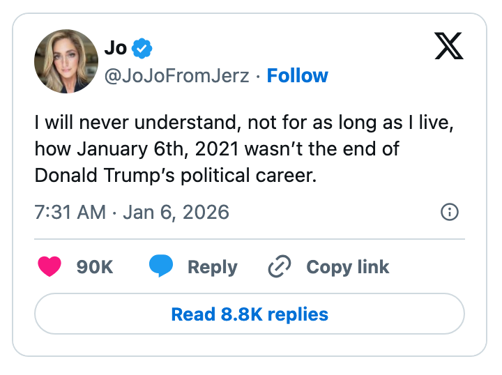 Tweet questioning wherefore  January 6th, 2021 wasn't the extremity  of Donald Trump's governmental  career