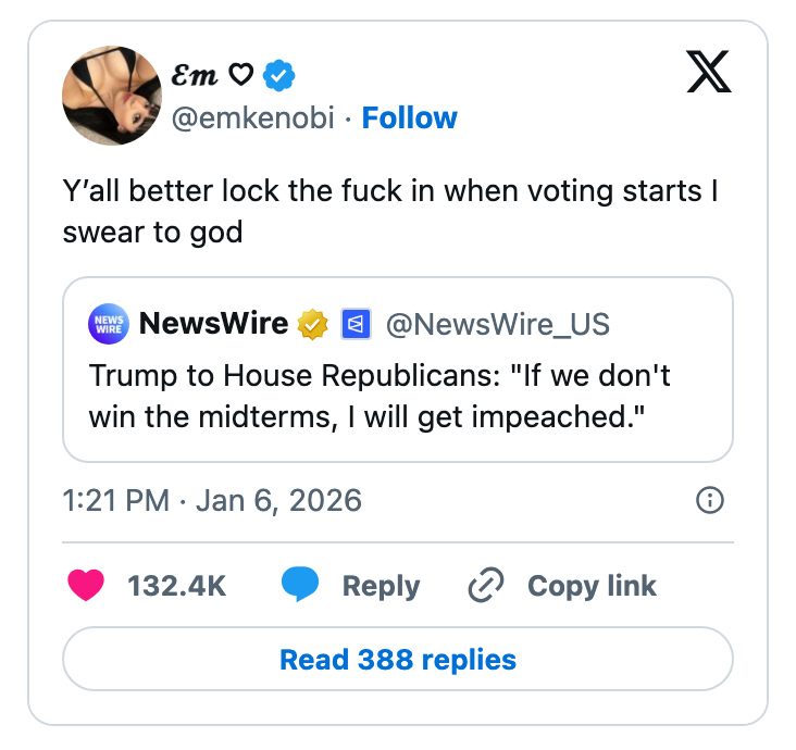 A tweet urging followers to vote, referring to a quality    assertion  astir  Trump informing  Republicans of impeachment if they suffer  midterms