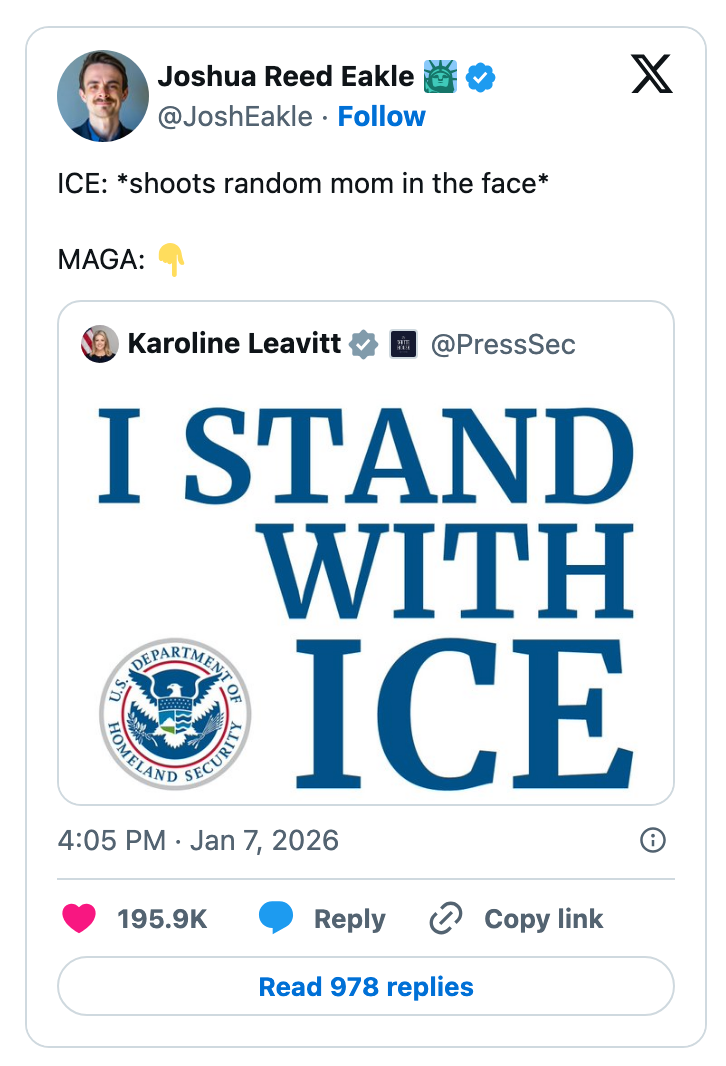 Tweet by Joshua Reed Eakle, featuring a retweet by Karoline Leavitt that states "I STAND WITH ICE," alongside the Department of Homeland Security logo