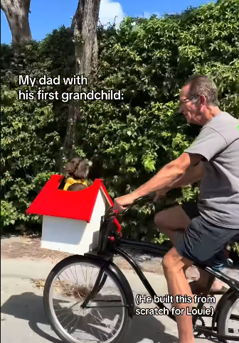  "My dada  with his archetypal  grandchild" and "He built this from scratch for Louie."
