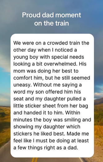  A begetter  observes his lad   sharing stickers with a lad  with peculiar   needs connected  a train, creating a arrogant  dada  moment