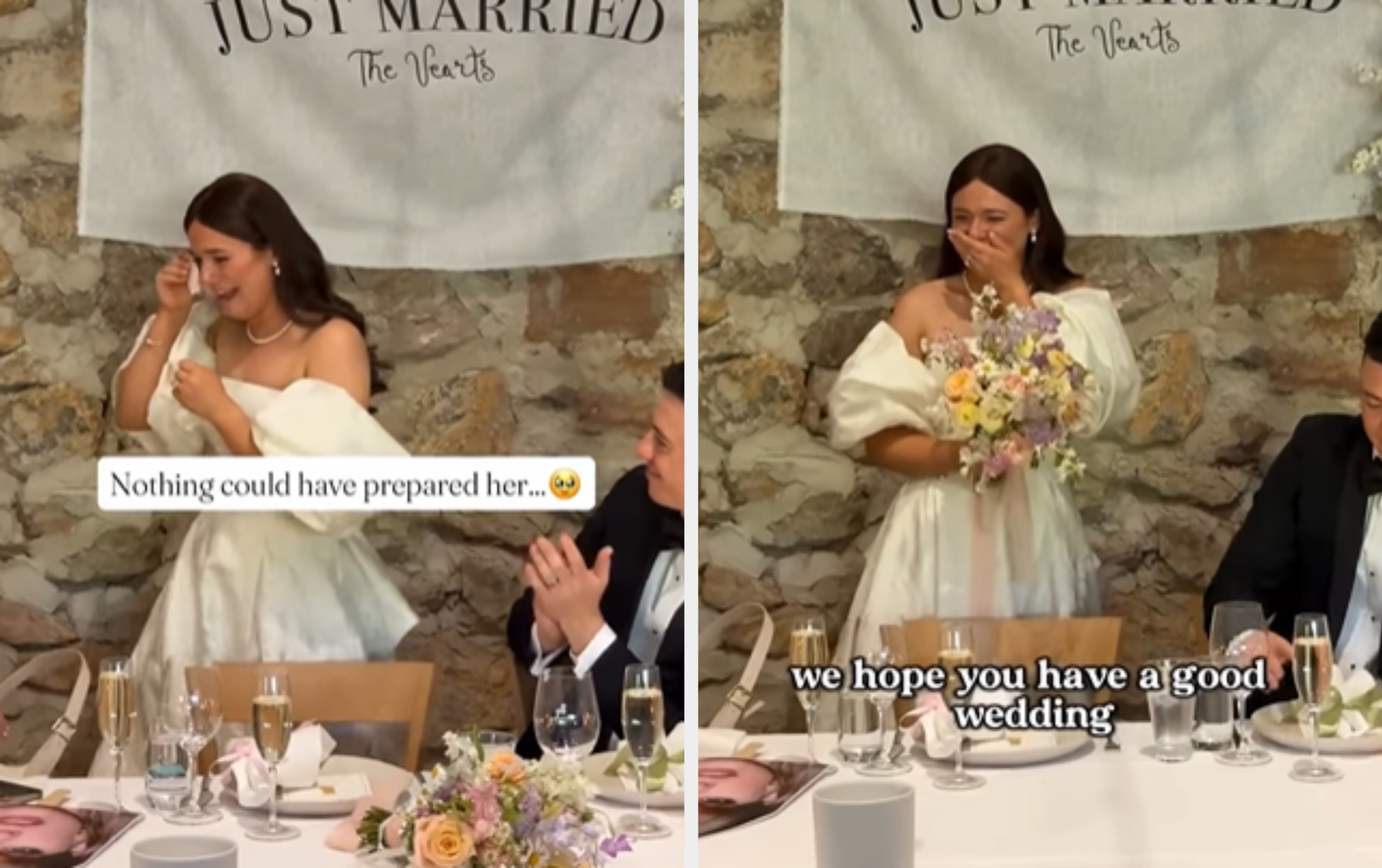 Bride successful  a wedding formal  wipes her tears portion    lasting  adjacent   a table. A "Just Married" banner is successful  the background