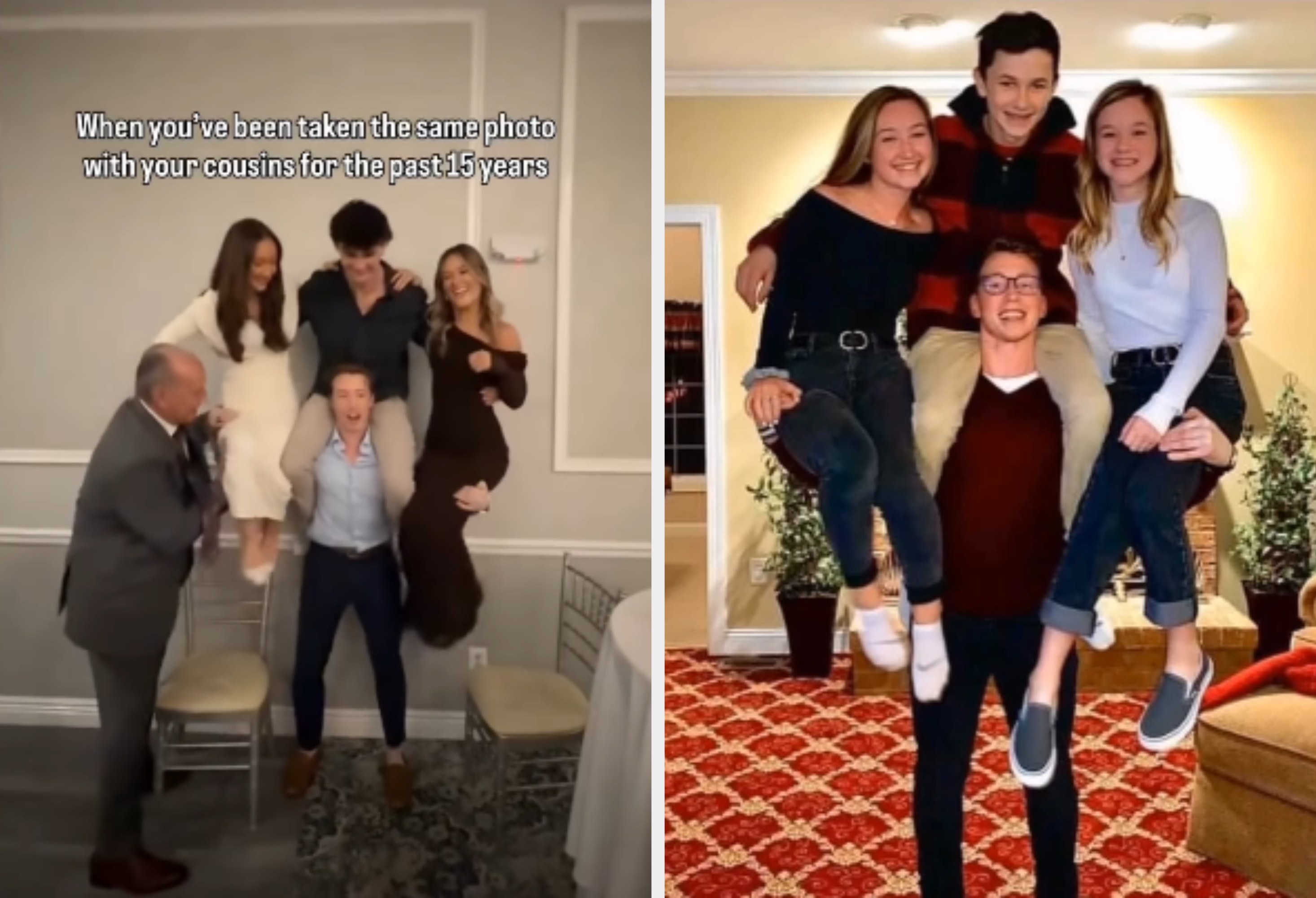  "When you've been taking the aforesaid  photograph  with your cousins for the past   15 years." A idiosyncratic   holds up   3  others connected  chairs