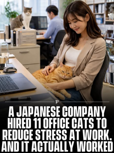 Woman smiling astatine  an bureau   table  petting a feline  connected  her lap. Caption discusses a Japanese institution  hiring cats to trim  stress, claiming success