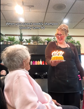  "When your saccharine  play   shampoo blowdry turns 90."