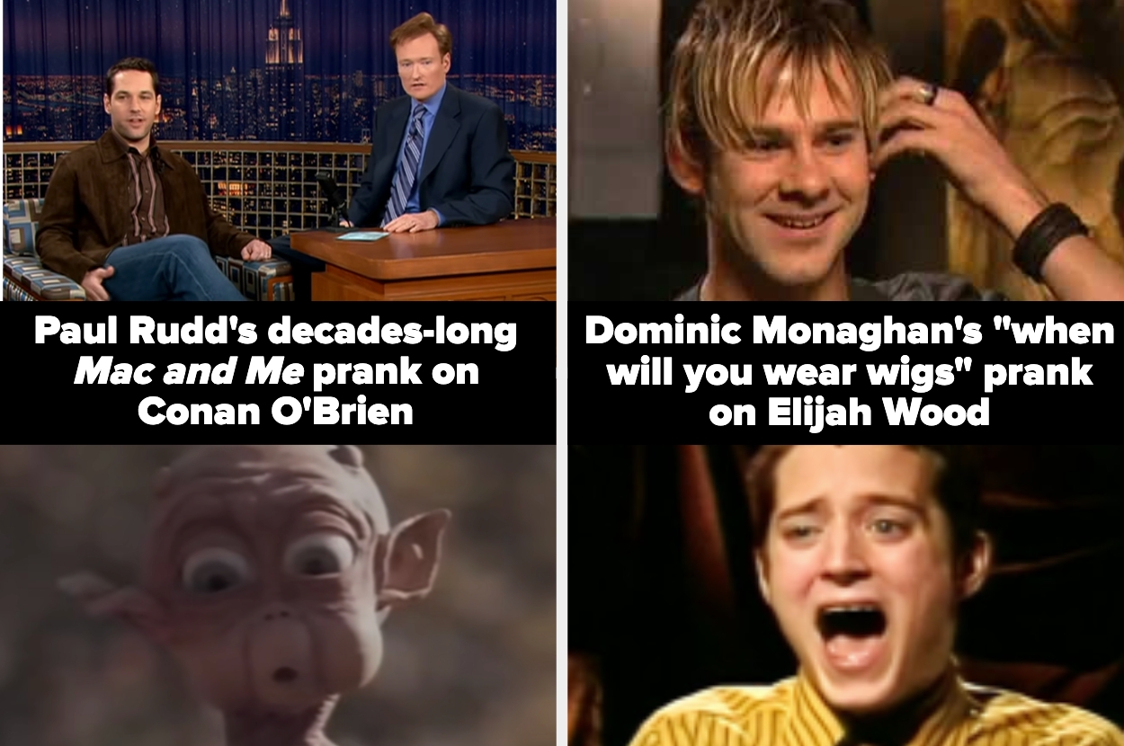Split image with Paul Rudd on a talk show, and Dominic Monaghan pranking Elijah Wood about wearing wigs
