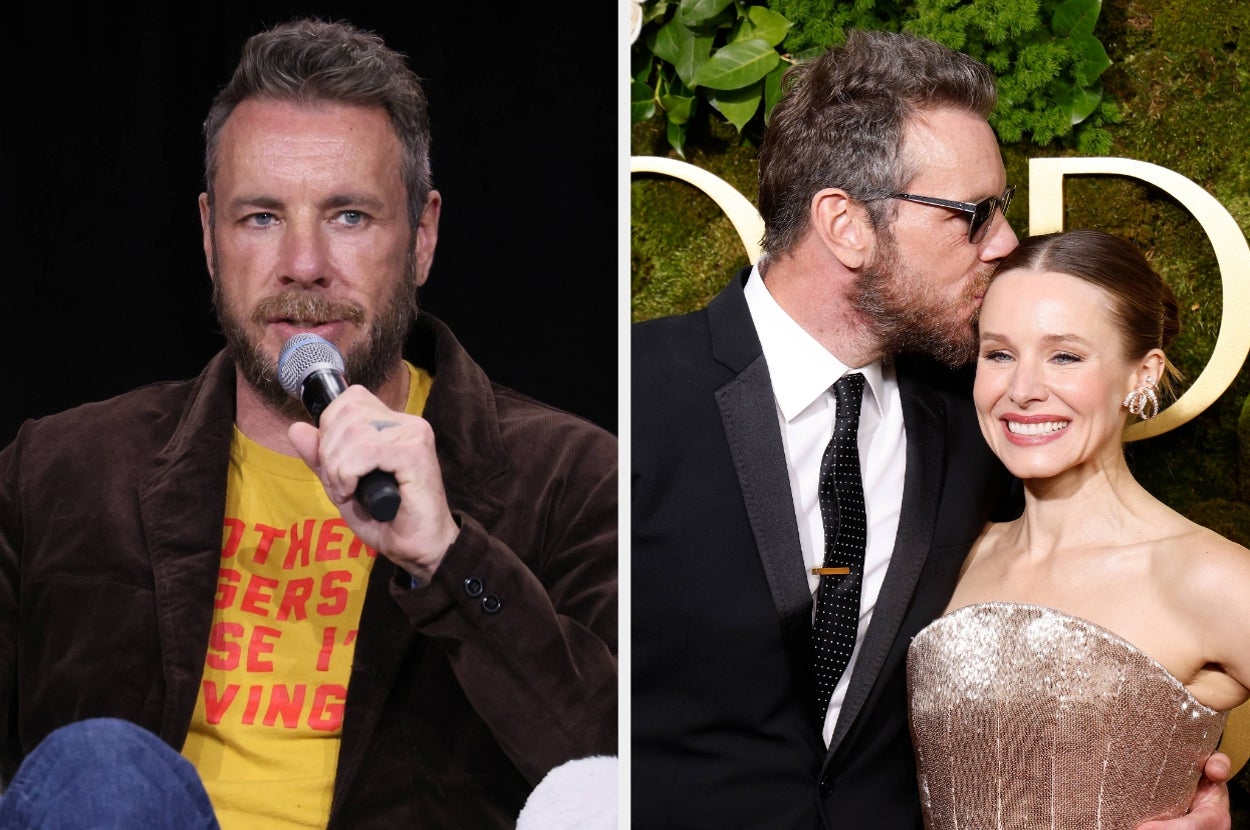 Left: Dax Shepard speaking at an event. Right: Dax and Kristen Bell at an event