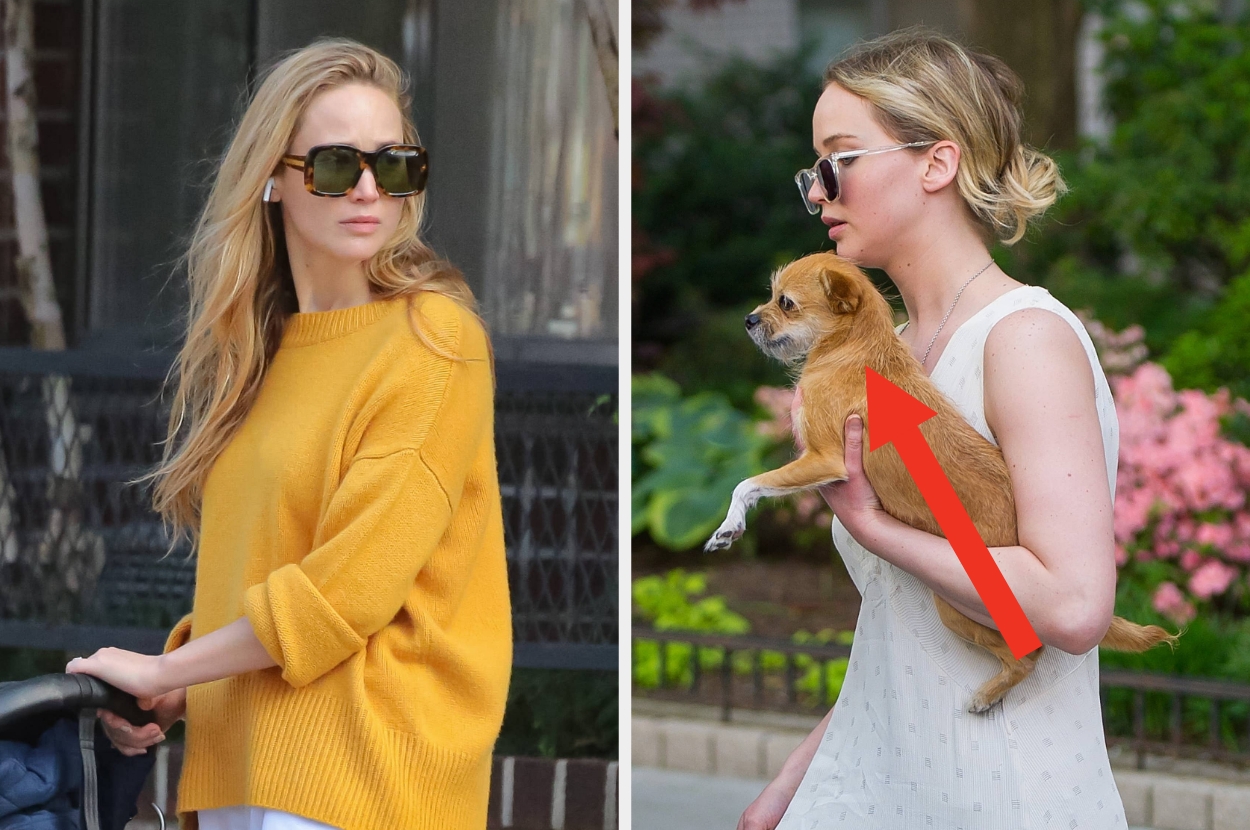 Person in casual street style, featuring a loose sweater and sunglasses, and another scene carrying a small dog in an outdoor setting