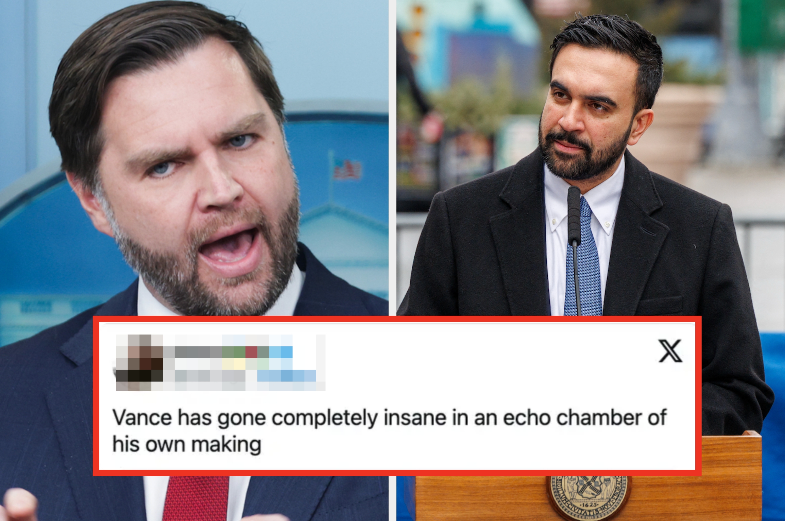 Two men, one smiling in a suit and tie, the other speaking at a podium with a microphone. An American flag is visible in the background