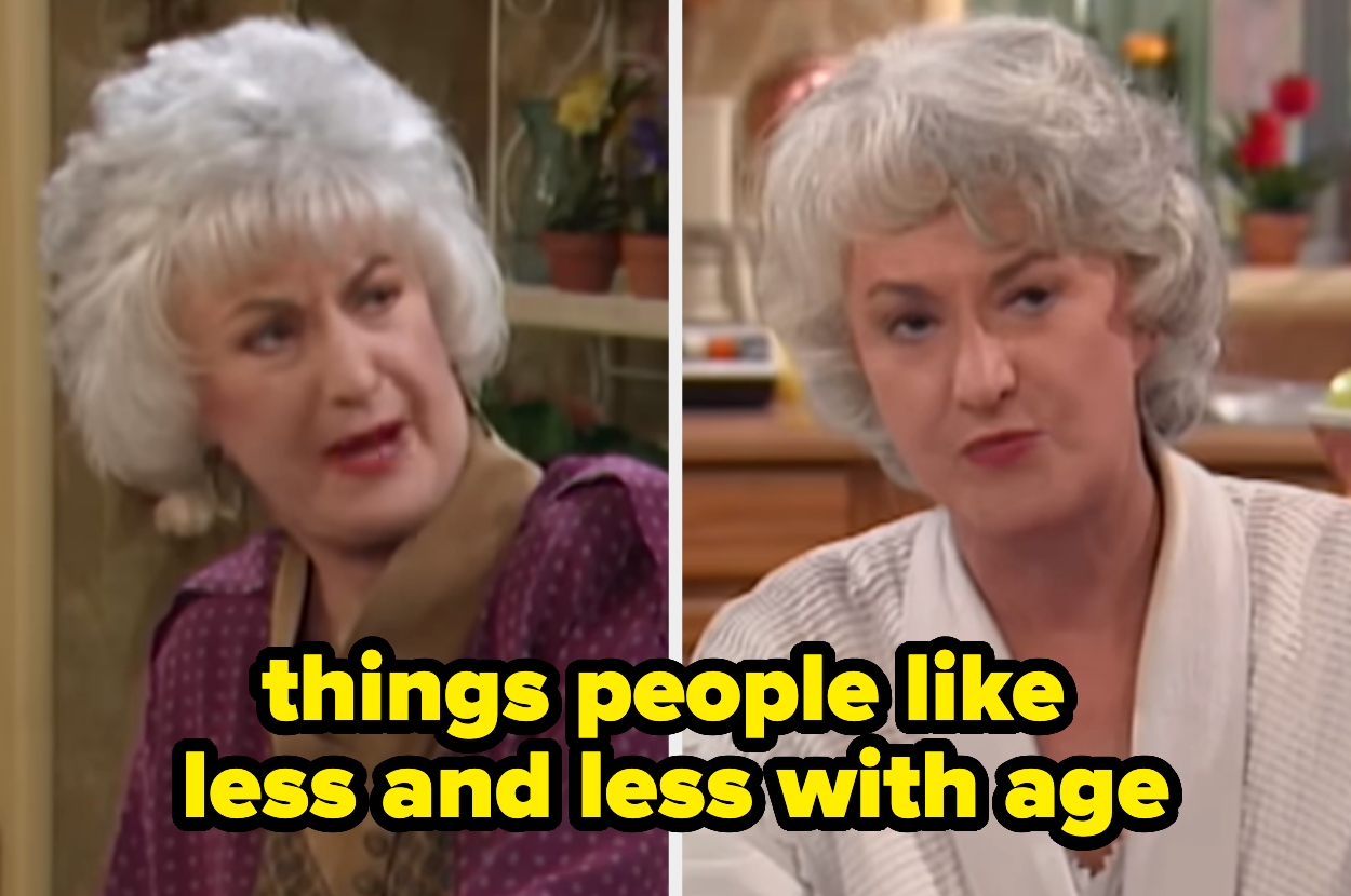 Split image of an older woman with an annoyed expression, text overlay: "things people like less and less with age"