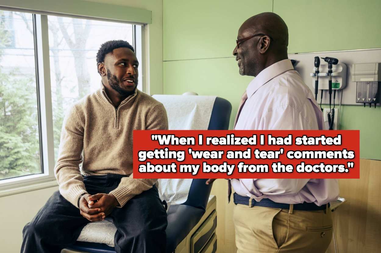 Two men are talking in a medical office. A text overlay reads, "When I realized I had started getting 'wear and tear' comments about my body from the doctors."