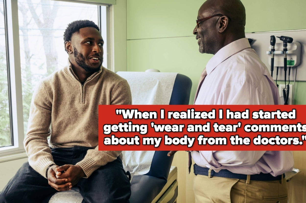 Two men are talking in a medical office. A text overlay reads, "When I realized I had started getting 'wear and tear' comments about my body from the doctors."