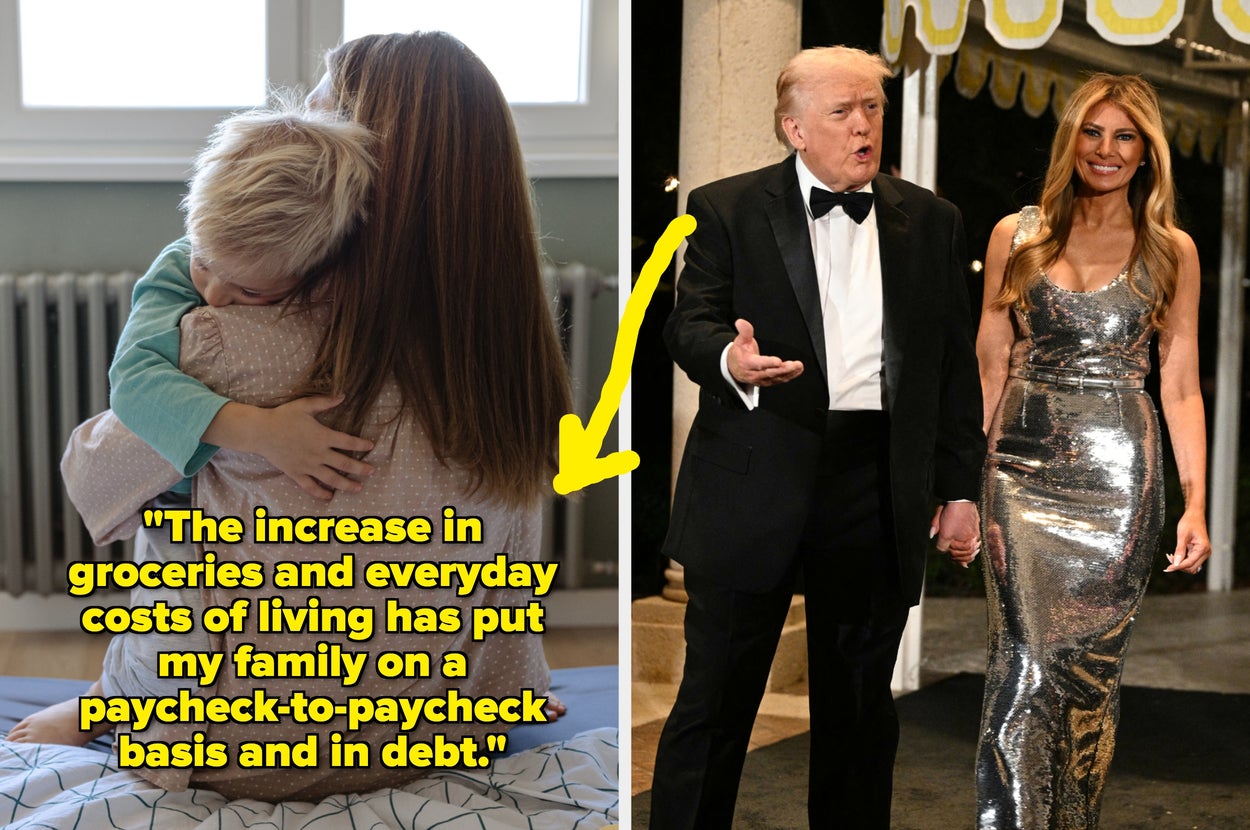 Left: Person hugging child with text on financial struggles. Right: Two people in formal attire