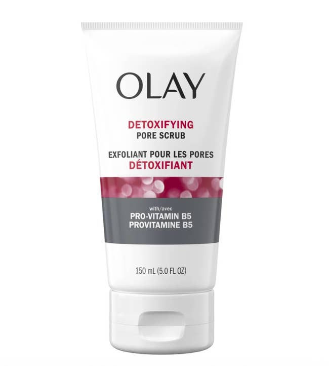 Olay Detoxifying Pore Scrub with Pro-Vitamin B5, 150ml tube, shown successful packaging. Part of a buying article