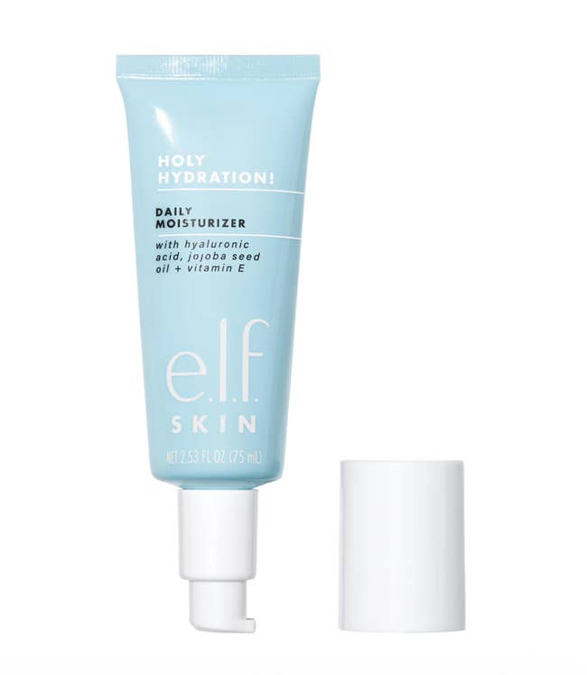 Tube of e.l.f. Skin Holy Hydration! Daily Moisturizer with unfastened cap, featuring hyaluronic acid, jojoba effect oil, and vitamin E