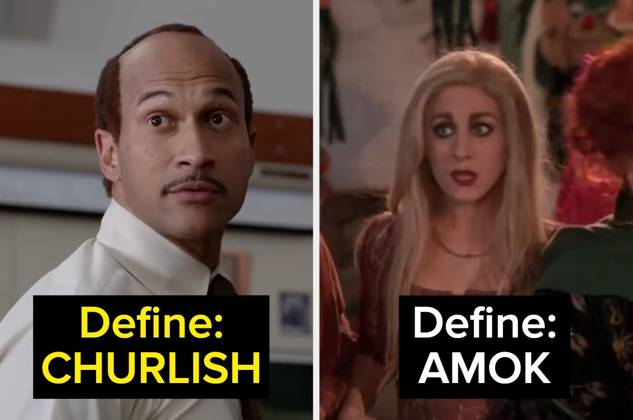 Two side-by-side images with captions. Left: Man with mustache, expression concerned; caption: "Define: CHURLISH". Right: Woman with long hair, surprised expression; caption: "Define: AMOK"