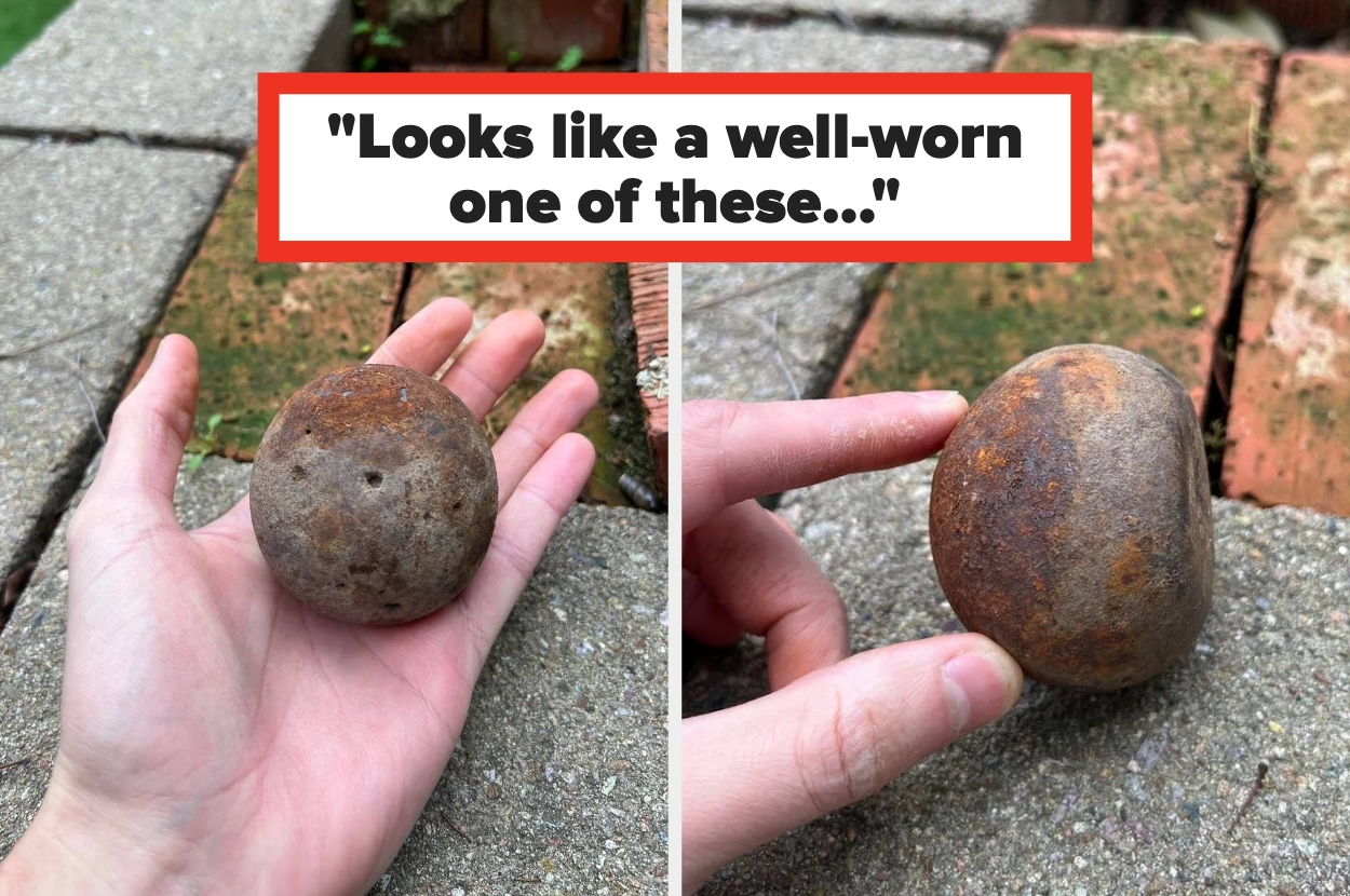 Person holding a round, rusted metal object with text above: "Looks like a well-worn one of these..."