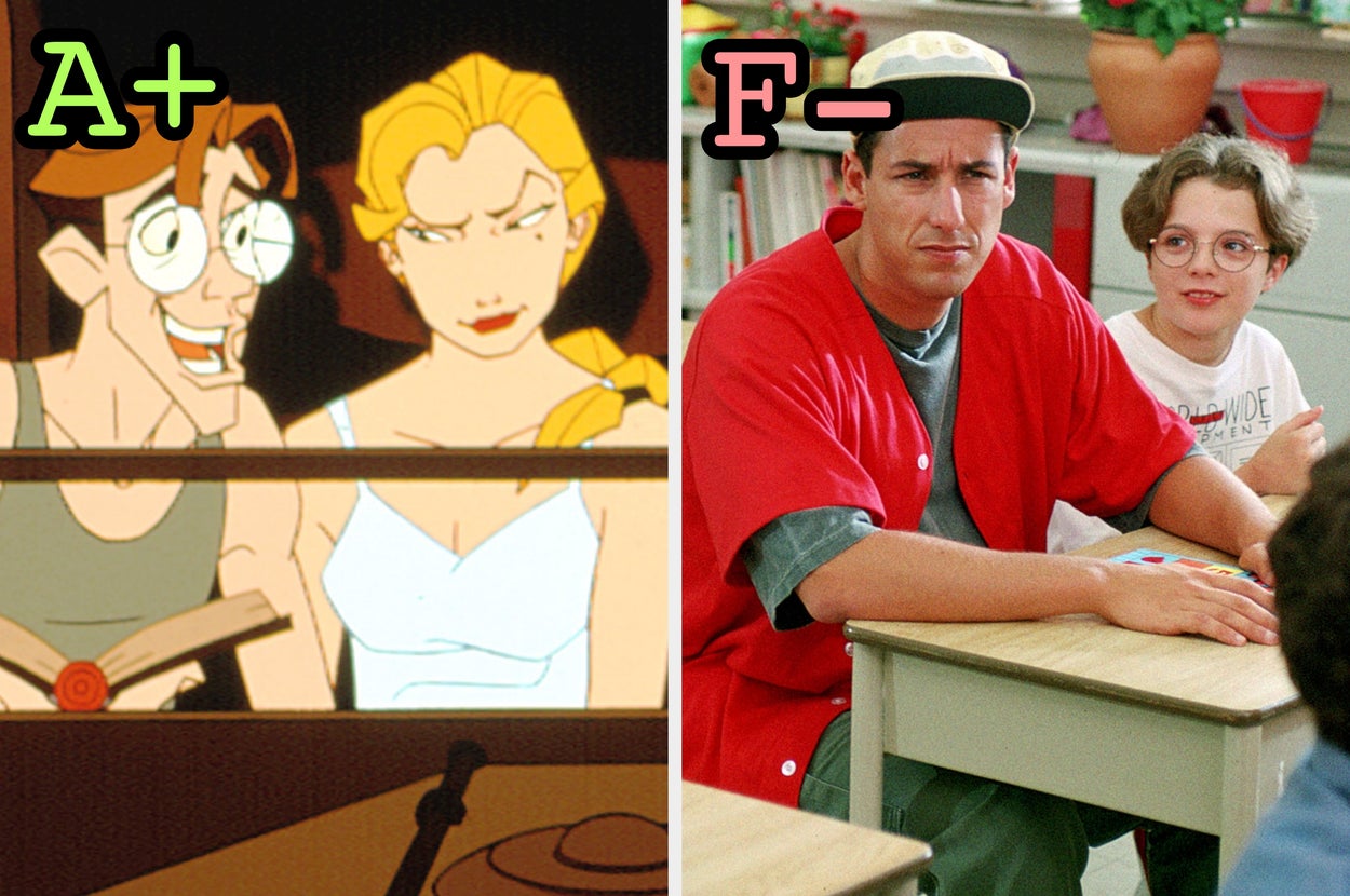 Cartoon couple in love on left, animated style. Man and child in classroom on right, with man in casual baseball cap and red shirt. "A+" and "F-"