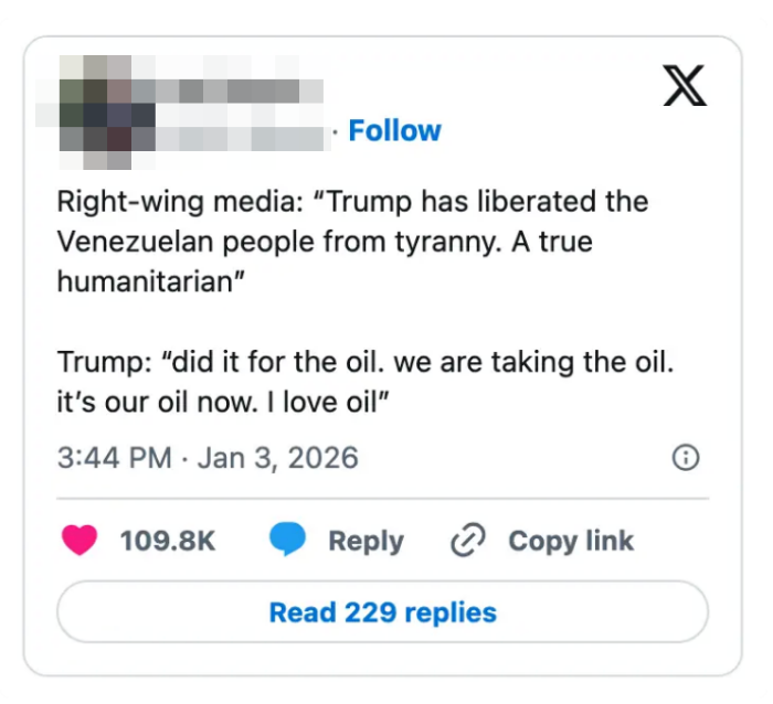 Screenshot of a tweet discussing media portrayal of Trump and lipid  interests successful  Venezuela, dated January 3, 2026, with 109.8K likes