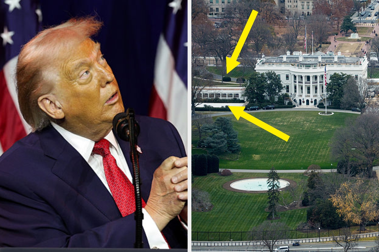 A person in a suit looks upward thoughtfully. Beside them, an aerial view of the White House with yellow arrows pointing to nearby locations