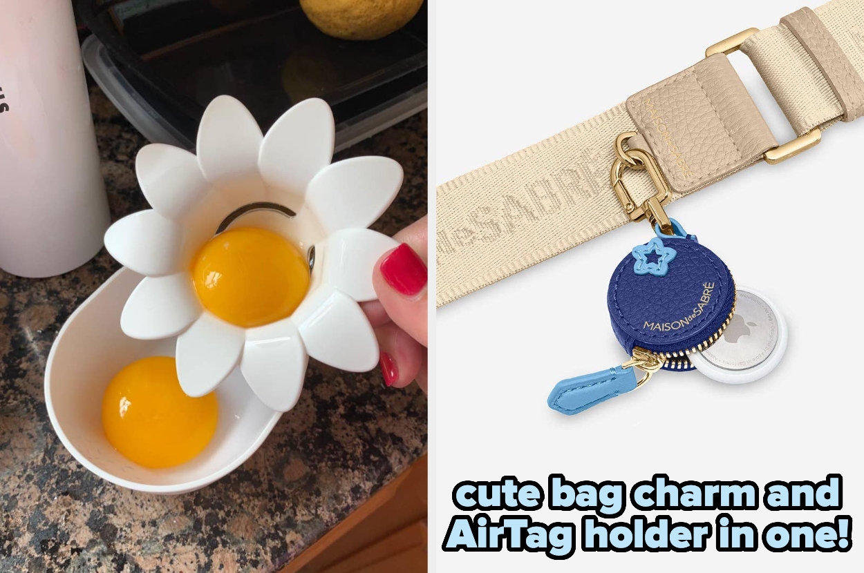 Egg separator with daisies on the left; bag charm with AirTag holder on the right, featuring a blue round charm. Text: "cute bag charm and AirTag holder in one!"