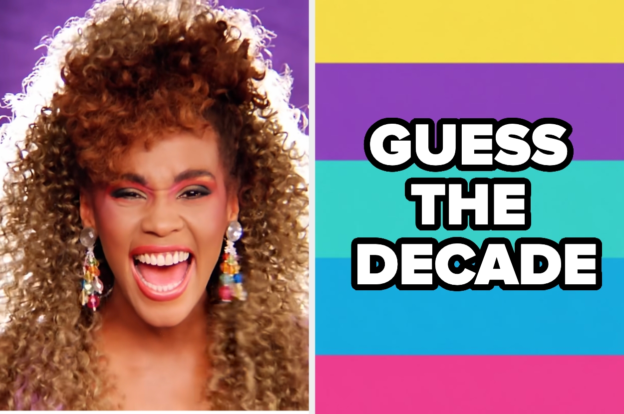 Person with curly hair smiling widely; text: "Guess the Decade" on a colorful striped background