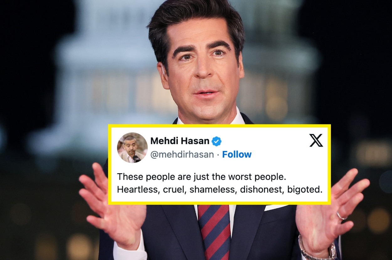 A person gestures while a highlighted tweet above reads: "These people are just the worst people. Heartless, cruel, shameless, dishonest, bigoted."